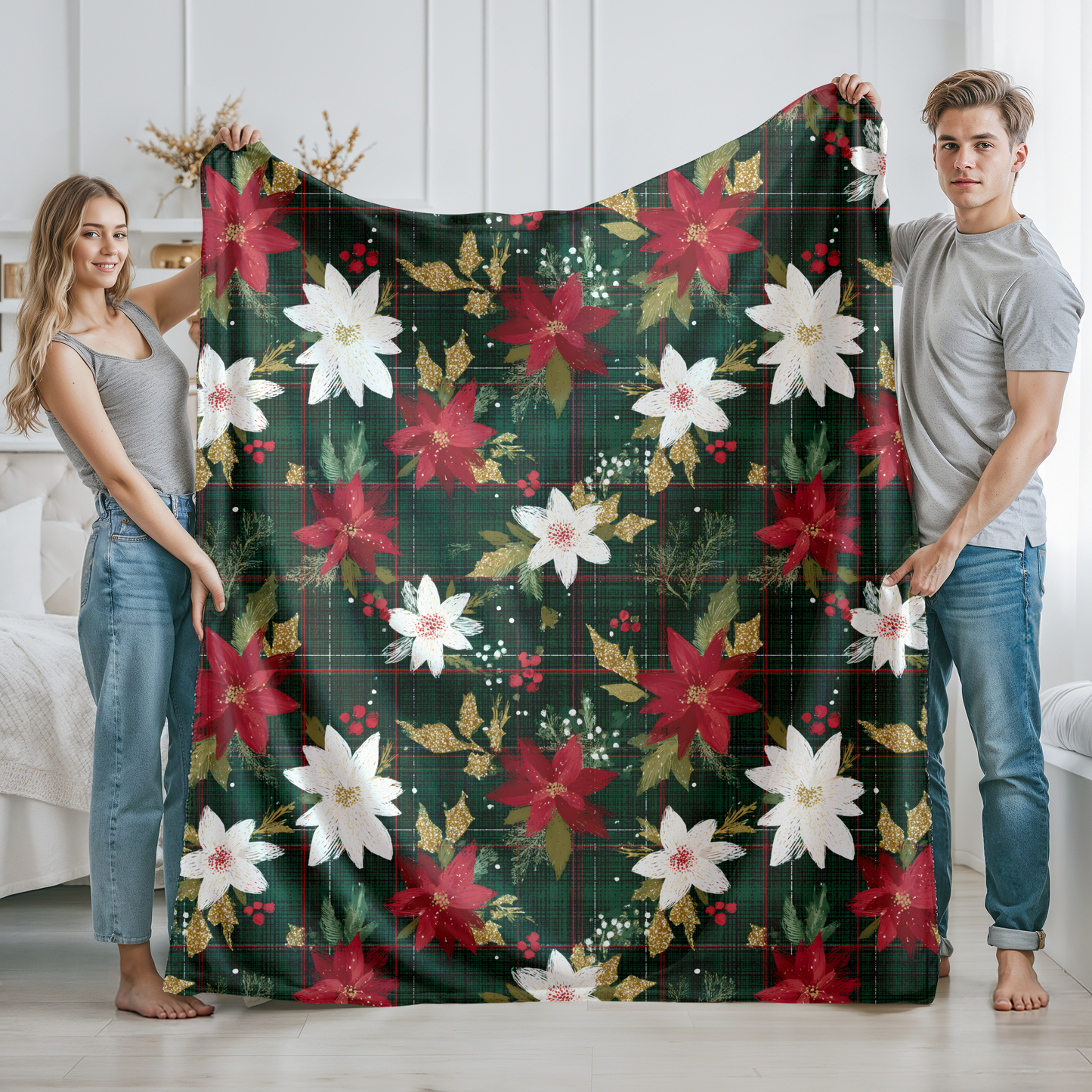 Poinsettia And Plaid Seamless PNG Design