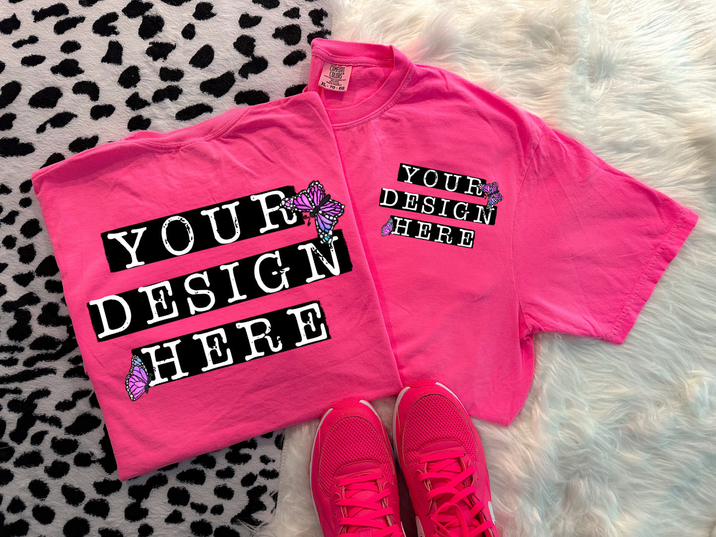 CC Neon Pink T Shirt Flat Lay pocket and Back Mock Up