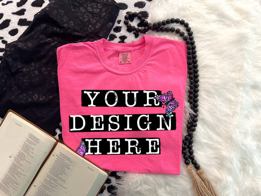 CC Neon Pink T Shirt Folded Flat Lay w/ Bible Mock Up