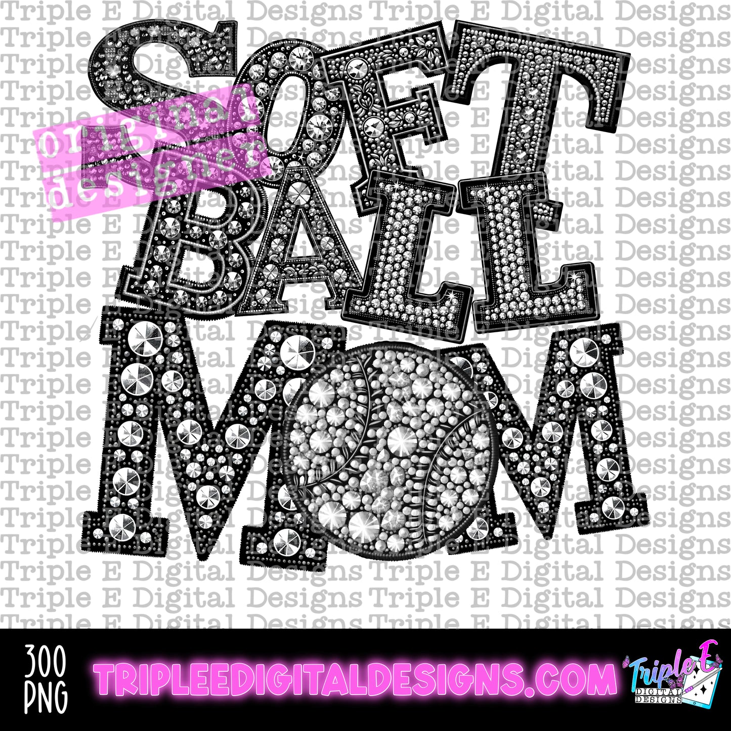 Softball Mom Rhinestones PNG Design