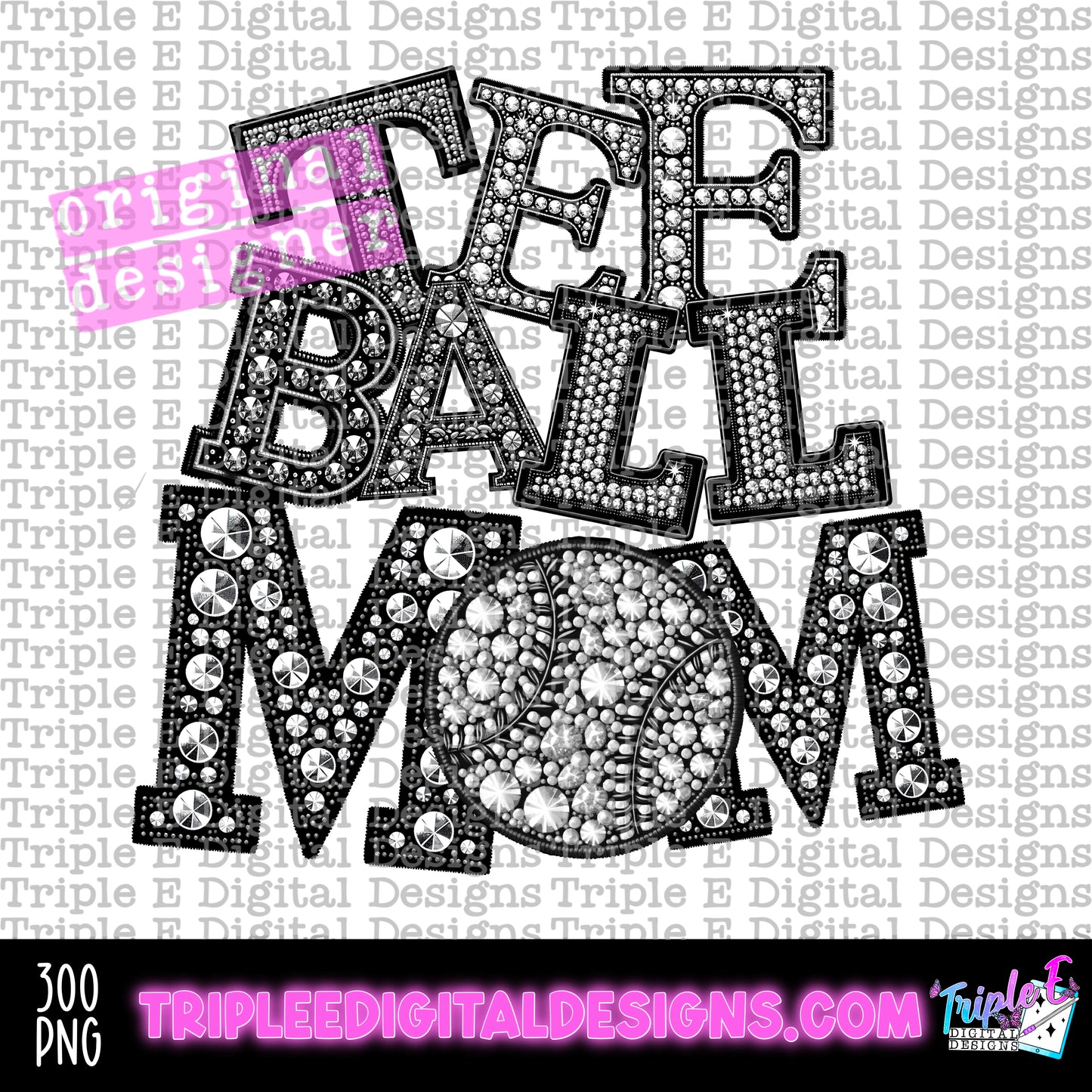 Tee Ball Mom Rhinestones PNG Design