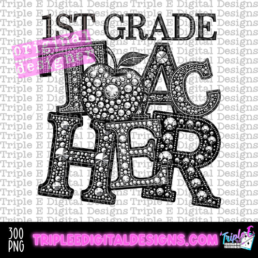 1st Grade Teacher Rhinestone PNG Design