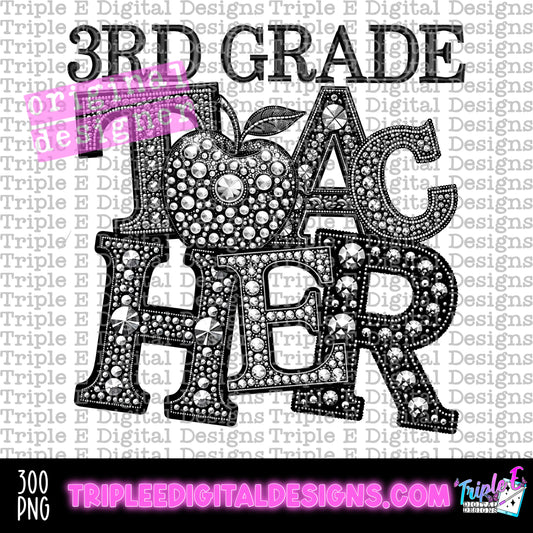 3rd Grade Teacher Rhinestone PNG Design