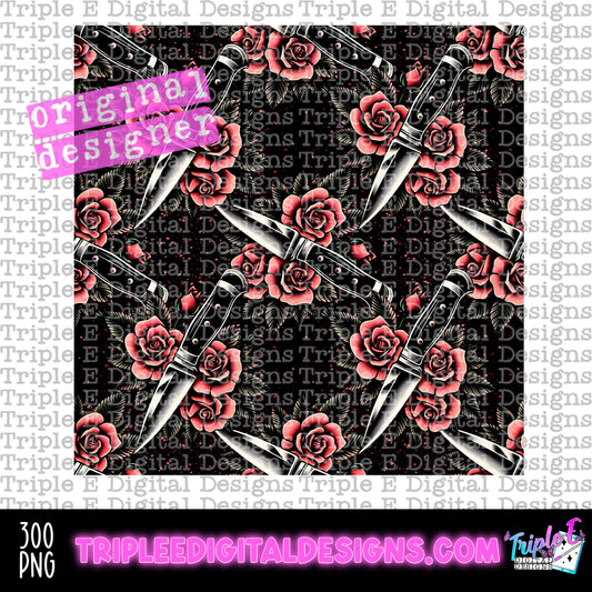 Knife & Roses Seamless PNG Design