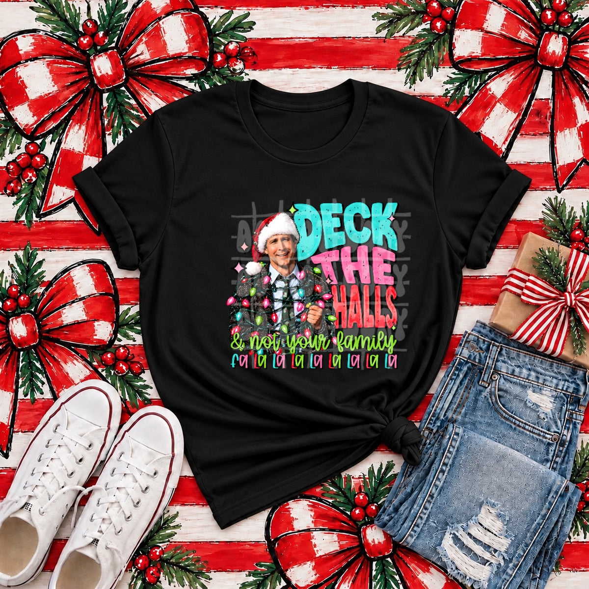 Deck the Halls and Not Your Family apparel mockup